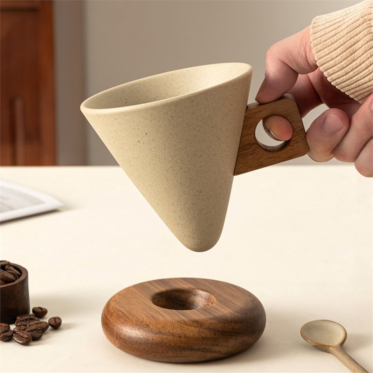 Ceramic Coffee Cup& Wood Base  - Coffee Tea ulasan dan harga